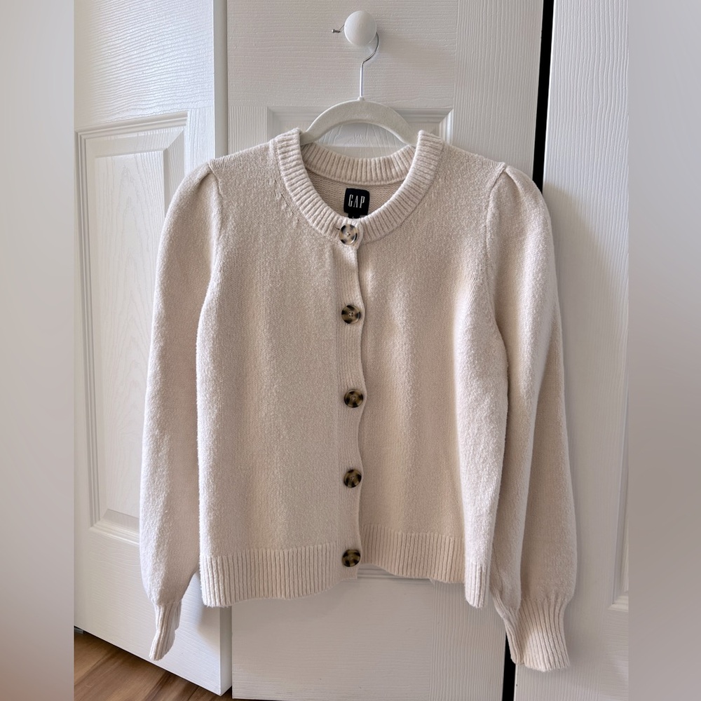 GAP Cream Button-Up Puff Sleeve Cardigan